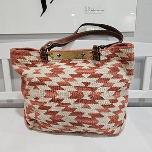Patricia Nash CORAL Woven Cotton Tote Leather Straps Double Turnlock Tote Bag